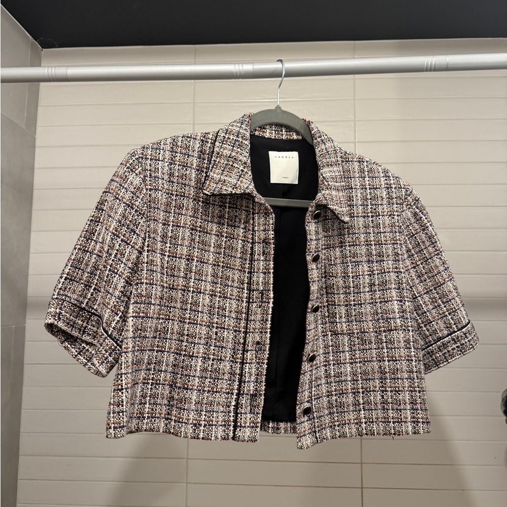 Sandro Tweed Textured Button Down Shirt - Cropped with Velvet Buttons